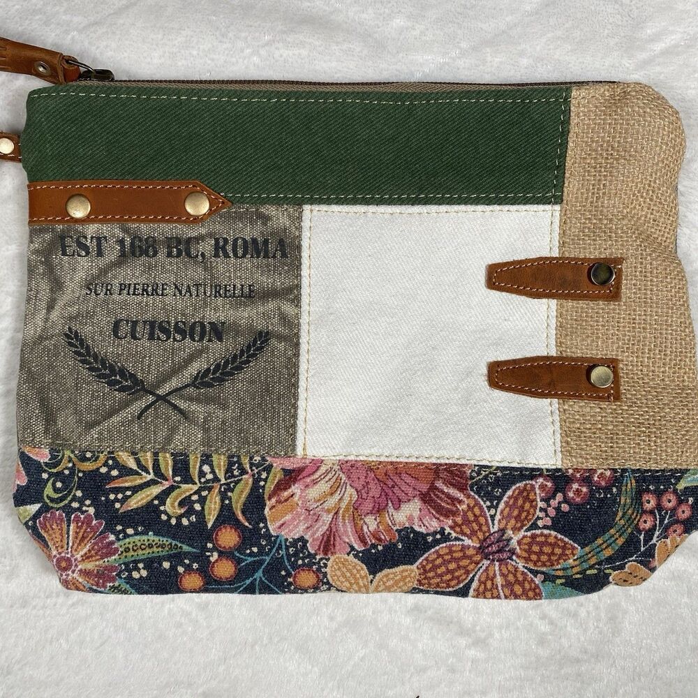 Myra Bag Wristlet Geometric Colorblock Canvas Leather Clutch Travel Makeup Bag